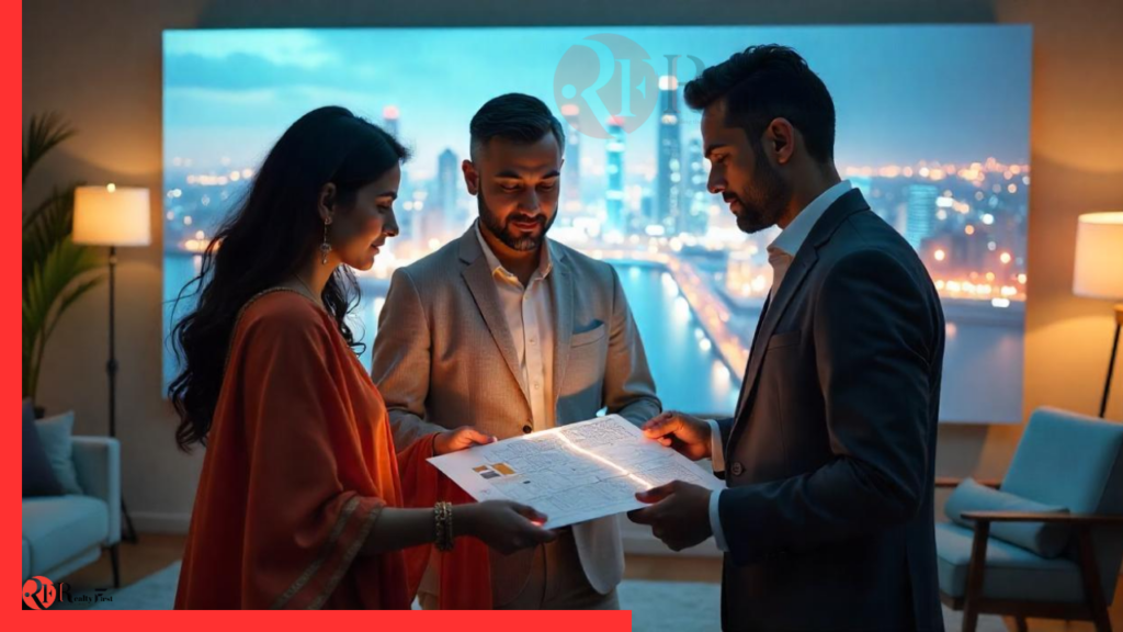 Couple discussing real estate investment in 2025 with an agent in a modern cityscape setting