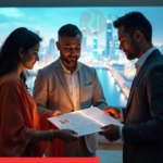 Couple discussing real estate investment in 2025 with an agent in a modern cityscape setting