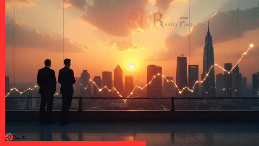 Indian city skyline with foreign investors and upward property investment graph.