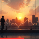 Indian city skyline with foreign investors and upward property investment graph.