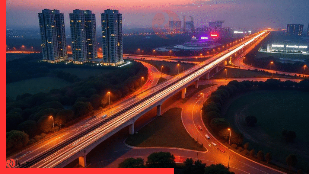 Aerial panorama of Sonipat’s new expressway, rapid‑rail line, residential high‑rises, and industrial hub illustrating emerging smart‑city growth.