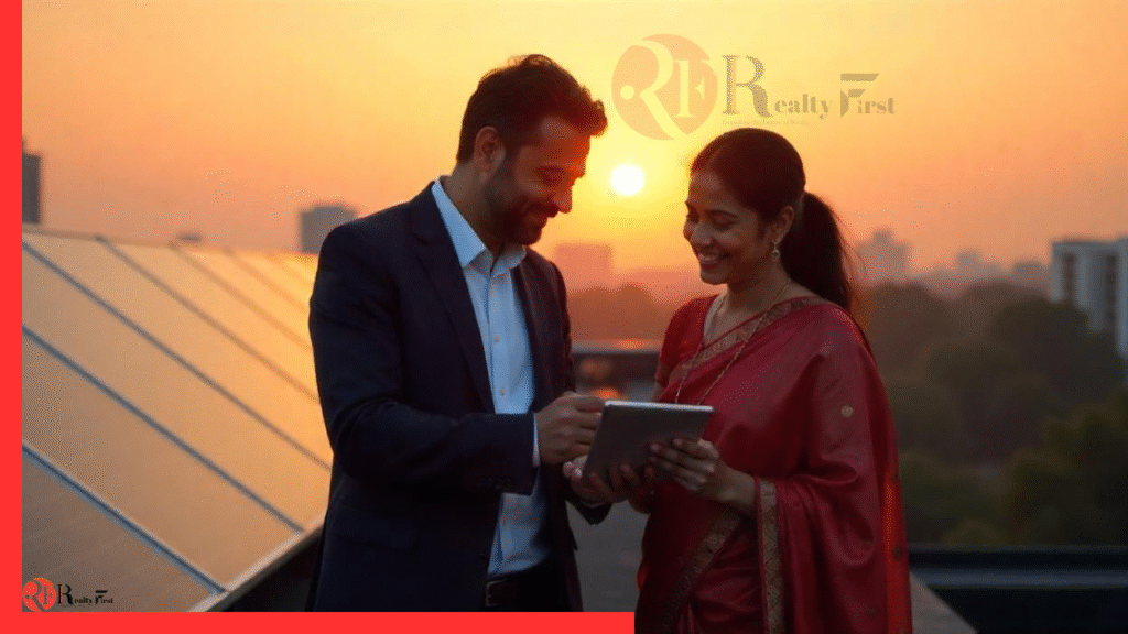 Indian family admiring rooftop solar panels that cut electricity costs and boost home value in 2025