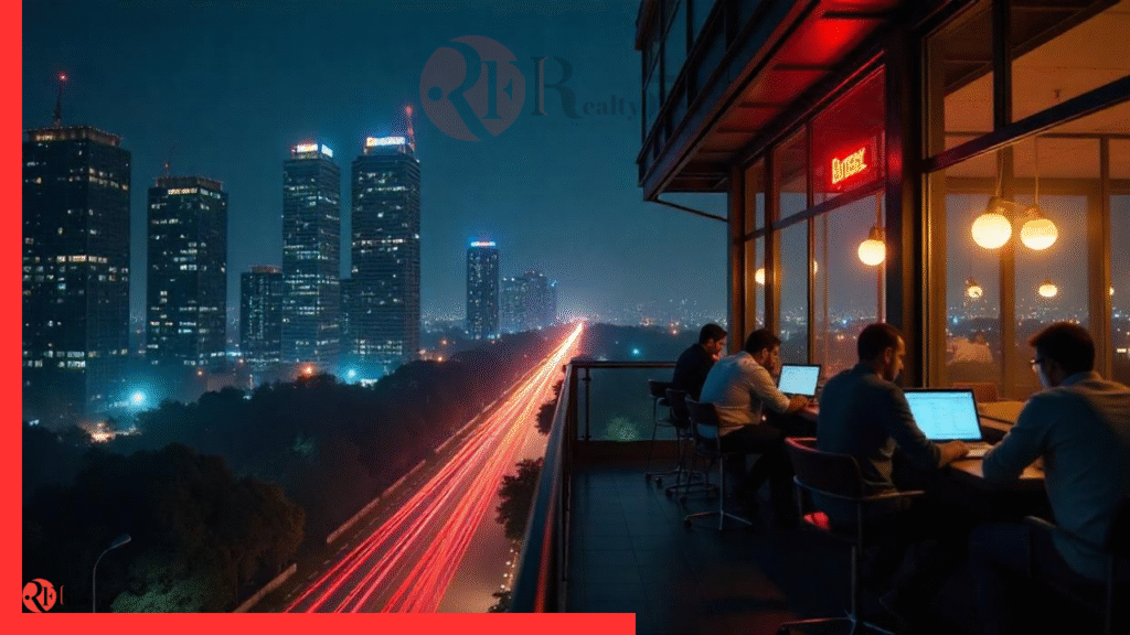 Crowded Bengaluru tech skyline with cranes and limited office space depicting India’s commercial real‑estate crunch.