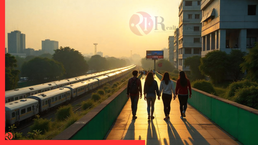 Golden‑hour view of an Indian smart city with green and digital infrastructure.