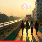 Golden‑hour view of an Indian smart city with green and digital infrastructure.