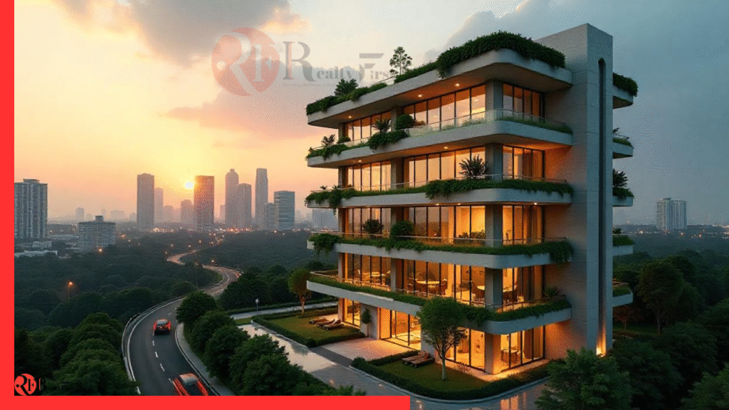 Sustainable green building with eco-technologies and smart energy systems.