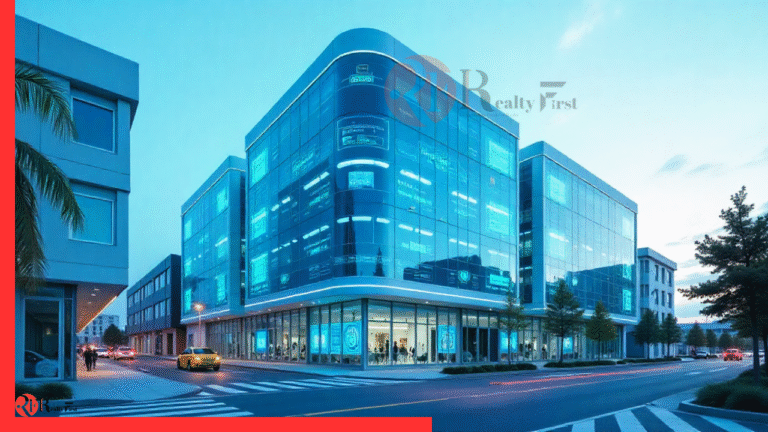 AI-powered smart commercial building with connected sensors and green energy systems