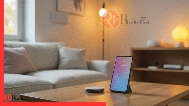A family living room with integrated smart home technology, featuring a smartphone app used to future-proof the home with advanced home automation.
