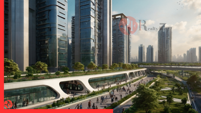 A vibrant illustration of an upcoming smart city in India, featuring modern architecture, green spaces, and advanced transportation, representing real estate opportunities.