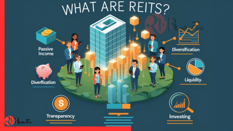 An infographic explaining what REITs are, showing a large building being divided into shares for individual investors, highlighting benefits like passive income and diversification.
