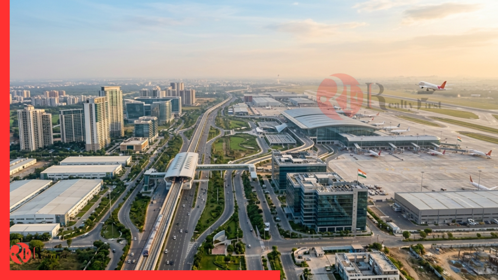 Airport expansion and nearby property value growth with residential and commercial buildings